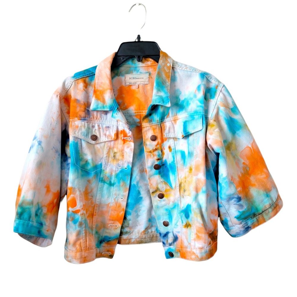 BCBG Denim Jacket Dyed Upcycled Cotton Small Cropped 3/4 Sleeve Teal Orange
